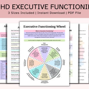 Könnte beinhalten: Ein Satz druckbarer Leitfäden zum Thema Exekutivfunktionen bei ADHS. Der Hauptleitfaden ist ein Raddiagramm mit Abschnitten zu Planung, Zeitmanagement und Emotionsregulation. Der Titel lautet "ADHS Executive Functioning".