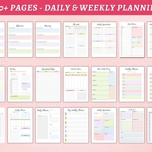 May include: A collection of printable planner pages with different layouts for daily and weekly planning. The pages feature a variety of colors and designs, including pastel pink, blue, green, and yellow.