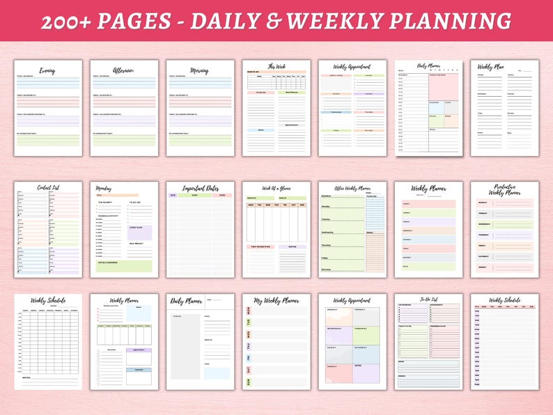 May include: A collection of printable planner pages with different layouts for daily and weekly planning. The pages feature a variety of colors and designs, including pastel pink, blue, green, and yellow.