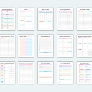May include: A set of printable planner pages with colorful borders. The pages include sections for insurance information, a monthly calendar, weekly planner, bill payment schedule, gift budget planner, miscellaneous expense tracker, meal planner, freezer inventory, grocery shopping list, weekly cleaning schedule, garden and yard maintenance, vacation planner, pet care schedule, and doctor contacts.