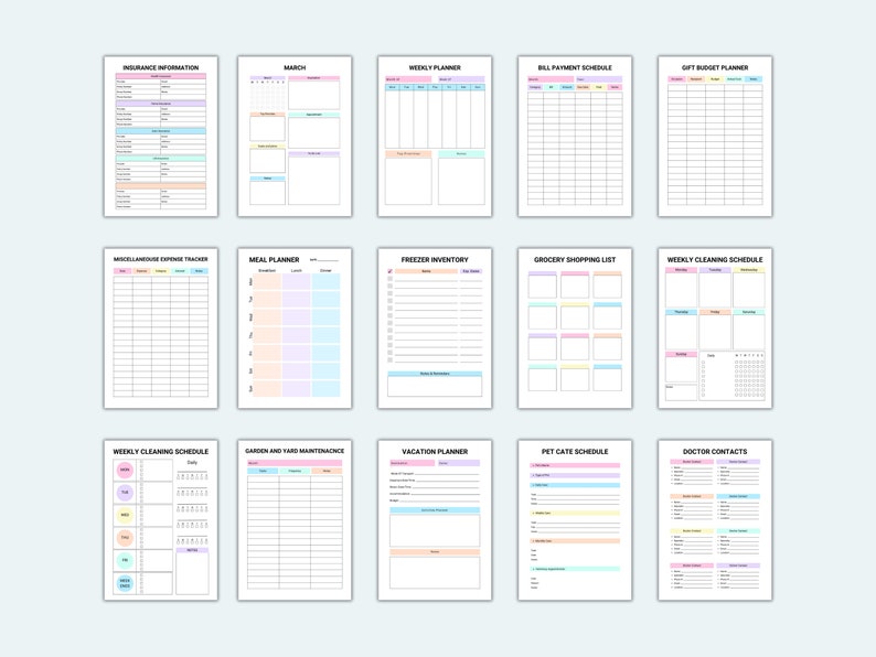 May include: A set of printable planner pages with colorful borders. The pages include sections for insurance information, a monthly calendar, weekly planner, bill payment schedule, gift budget planner, miscellaneous expense tracker, meal planner, freezer inventory, grocery shopping list, weekly cleaning schedule, garden and yard maintenance, vacation planner, pet care schedule, and doctor contacts.