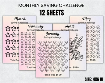12 Monthly Savings Challenge Bundle, Money Challenge, A6 Mini Savings Challenge Bundle, Savings Tracker Printable, Instant Download