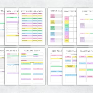May include: A printable Etsy shop planner with colorful tabs and sections for shop branding, new listings, Etsy orders tracker, order management, competitor analysis, quarterly stats, Etsy product research, coupons and promotions, general setup, Etsy ads, target audience, and seasonal planner.
