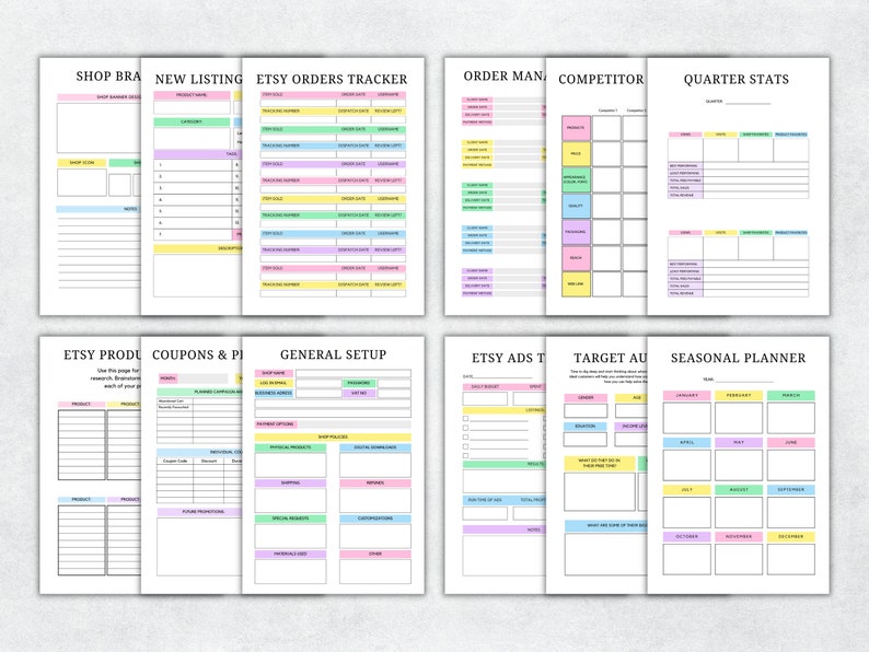 May include: A printable Etsy shop planner with colorful tabs and sections for shop branding, new listings, Etsy orders tracker, order management, competitor analysis, quarterly stats, Etsy product research, coupons and promotions, general setup, Etsy ads, target audience, and seasonal planner.