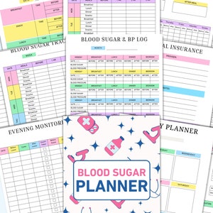 May include: A printable blood sugar planner with a colourful design featuring a pink and blue pill bottle with a white cross. The planner includes sections for tracking blood sugar levels, meals, medication, and other important information.