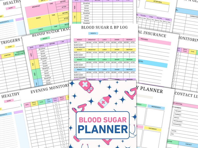 May include: A printable blood sugar planner with a colourful design featuring a pink and blue pill bottle with a white cross. The planner includes sections for tracking blood sugar levels, meals, medication, and other important information.