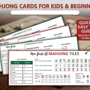 Mahjongkort för barn och nybörjare att skriva ut, Mahjong-brickguide, Mahjong-fusklapp, Mahjong-undervisningsguide, amerikansk Mahjong-referens,