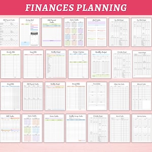 May include: A printable set of 20 finance planning worksheets. The worksheets are organized into categories such as bills, income, savings, and monthly budget. The worksheets are designed to help you track your finances and plan for the future.
