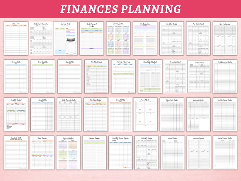 May include: A printable set of 20 finance planning worksheets. The worksheets are organized into categories such as bills, income, savings, and monthly budget. The worksheets are designed to help you track your finances and plan for the future.