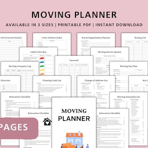 May include: A printable moving planner with 50 pages, including checklists, to-do lists, and a color scheme index. The planner is available in three sizes and is an instant download.