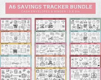 Puede incluir: Paquete de seguimiento de ahorro A6 con sobres y carpeta. El paquete incluye múltiples rastreadores de ahorro con varios temas, como tecnología, ropa y belleza. Cada rastreador mide 7,6 x 15,2 cm y presenta ilustraciones dibujadas a mano y las palabras "ICON" y "TOTAL."