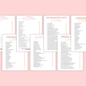 May include: A set of printable checklists for a wedding, hen party, and videography. The checklists are in pink and gold with a white background and feature the words "Bridesmaids Packing Checklist", "Bridal Shower Checklist", "Bachelorette Party Checklist", and "Videography Checklist".