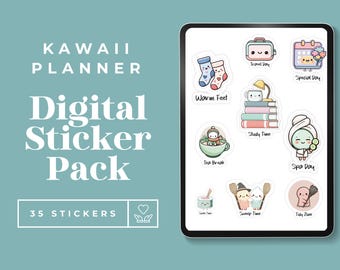 Kawaii Digital Planner Stickers for Goodnotes, 35 Cute Pre-Cropped Stickers Pack for iPad, Journal, Notebook, Digital Planning