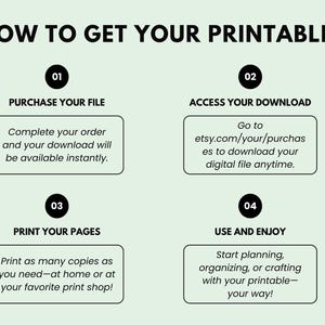 May include: A light green graphic with the text "HOW TO GET YOUR PRINTABLE?" and numbered steps. Instructions include purchasing, accessing, printing, and using a printable file. The Etsy website is mentioned.