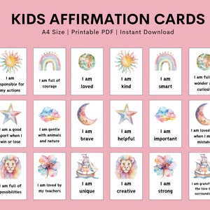 63 Tarjetas de afirmación para niños imprimibles, Tarjetas de afirmación digitales, Imprimibles de tablero de visión, Baraja de tarjetas de afirmación, Tarjetas de afirmación positiva