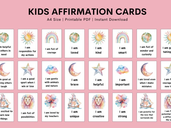 63 Kids Affirmation Cards Printable, Affirmation Cards Digital, Vision Board Printables, Affirmation Cards Deck, Positive Affirmation Cards