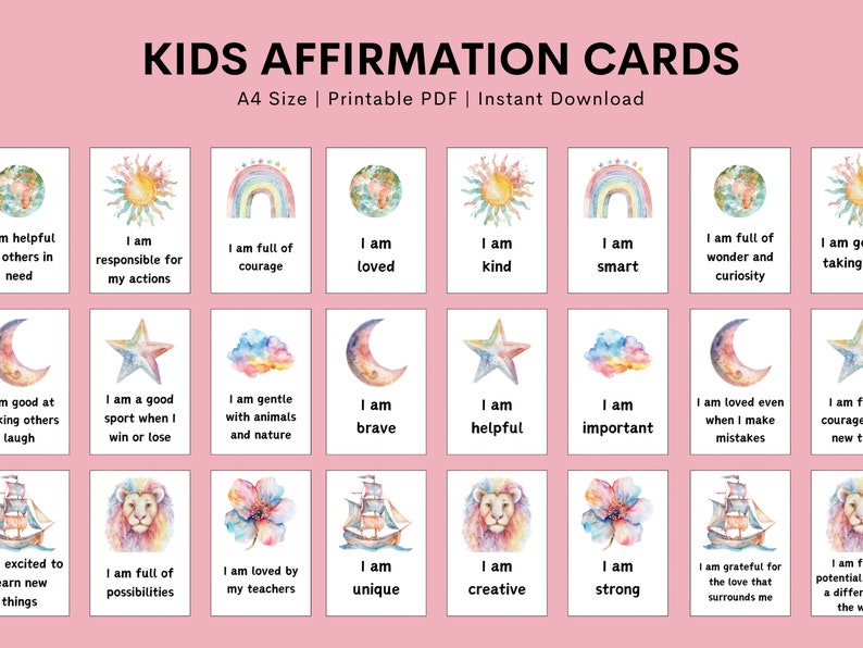 Puede incluir: Un conjunto de 20 tarjetas de afirmaci&oacute;n imprimibles para ni&ntilde;os. Cada tarjeta presenta una ilustraci&oacute;n colorida y una afirmaci&oacute;n positiva, como "Soy amado" o "Soy amable". Las tarjetas est&aacute;n dise&ntilde;adas para ayudar a los ni&ntilde;os a desarrollar la autoestima y la confianza en s&iacute; mismos.