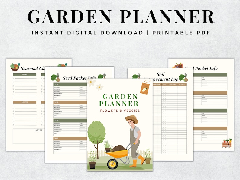 May include: Printable garden planner with a green and brown colour scheme. The planner includes sections for seasonal checklists, seed packet information, soil improvement log, and seed packet information. The planner also features a cartoon illustration of a person pushing a wheelbarrow.