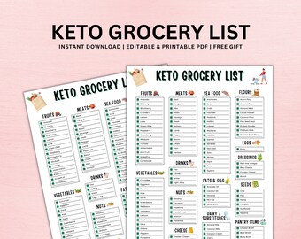 Keto Grocery List Printable, Keto Food List, Keto Tracker, Low Carb Food List, Keto Shopping List, Keto Diet Meal Plan Printable PDF