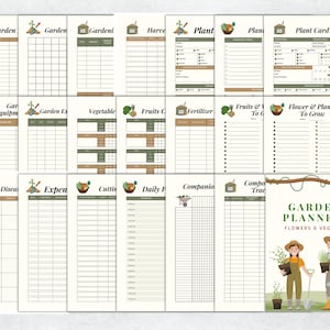 May include: A printable garden planner with sections for garden plans, equipment, expenses, daily tasks, and more. The planner features a green and brown colour scheme with illustrations of gardening tools and plants.