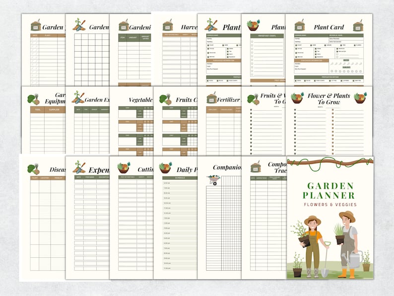 May include: A printable garden planner with sections for garden plans, equipment, expenses, daily tasks, and more. The planner features a green and brown colour scheme with illustrations of gardening tools and plants.