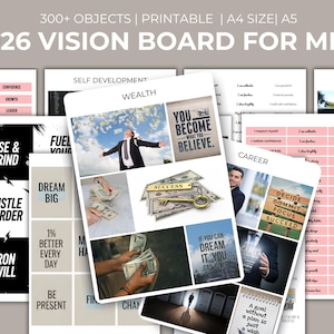 May include: A collection of printable vision board templates for 2026, featuring motivational themes like wealth, career, and self-development. The design includes images, text, and phrases such as "Rise & Grind" and "Dream Big". The text "2026 Vision Board For Men" is also visible.