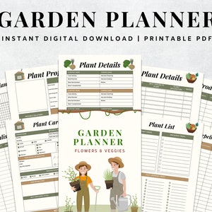 May include: Printable garden planner with sections for plant details, companion plants, wishlists, a plant list, a produce budget, and a repellent inventory. The planner features illustrations of flowers and vegetables.
