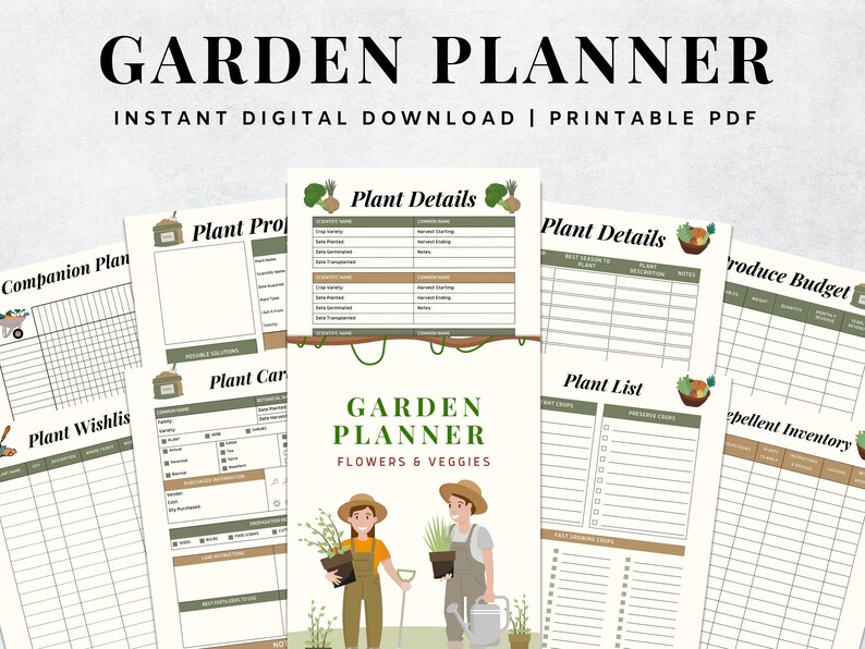 May include: Printable garden planner with sections for plant details, companion plants, wishlists, a plant list, a produce budget, and a repellent inventory. The planner features illustrations of flowers and vegetables.