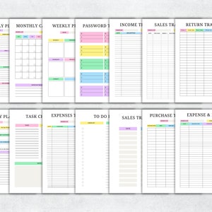 May include: A printable planner with pages for daily, weekly, and monthly planning, as well as sections for tracking income, expenses, sales, and passwords. The pages are color-coded and have a simple, clean design.