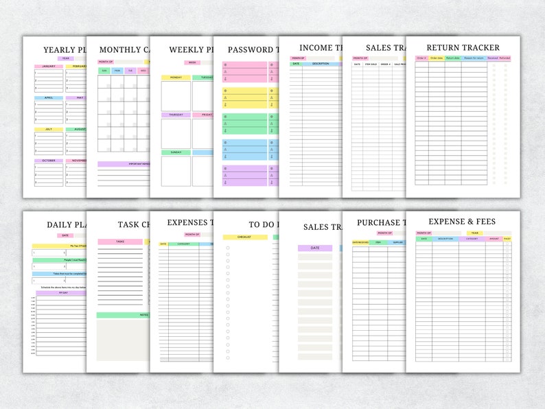 May include: A printable planner with pages for daily, weekly, and monthly planning, as well as sections for tracking income, expenses, sales, and passwords. The pages are color-coded and have a simple, clean design.