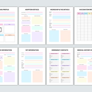 May include: Printable dog adoption record booklet with sections for dog profile, adoption details, microchip and tag details, vaccination records, breed information, vet information, emergency contacts, and medical history overview.