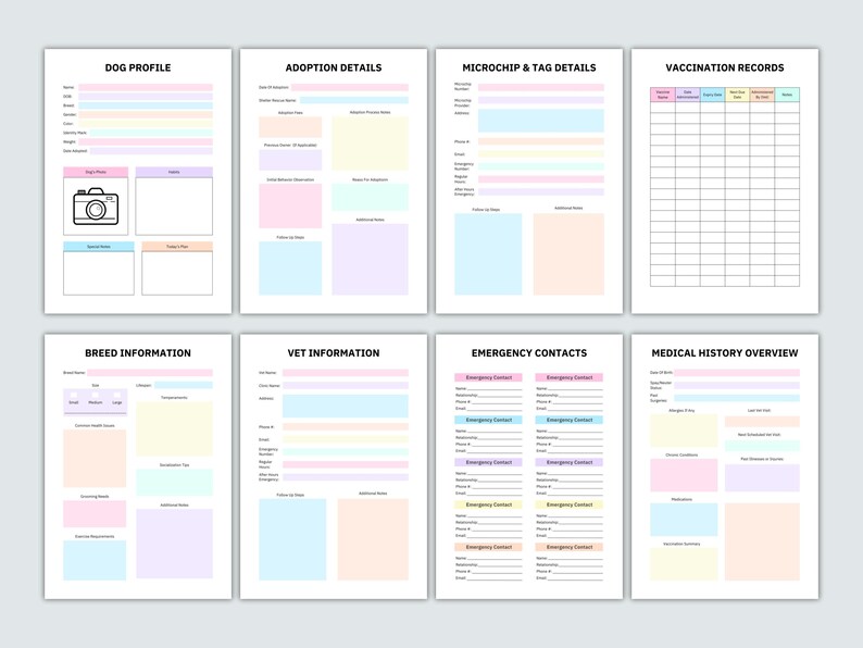 May include: Printable dog adoption record booklet with sections for dog profile, adoption details, microchip and tag details, vaccination records, breed information, vet information, emergency contacts, and medical history overview.