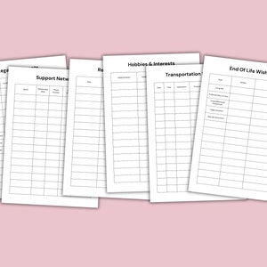 Pu&ograve; includere: Un set di sei fogli di lavoro stampabili per la pianificazione della fine della vita. I fogli di lavoro coprono documenti legali, rete di supporto, trasporto, hobby e interessi e desideri per la fine della vita.