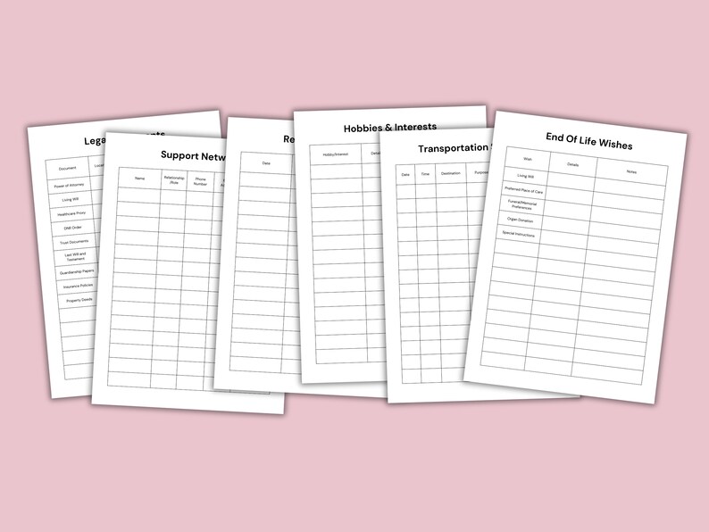 Pu&ograve; includere: Un set di sei fogli di lavoro stampabili per la pianificazione della fine della vita. I fogli di lavoro coprono documenti legali, rete di supporto, trasporto, hobby e interessi e desideri per la fine della vita.