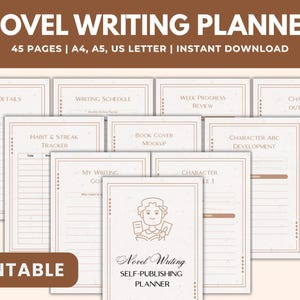 May include: A collection of printable novel writing planner pages in a neutral color palette. The pages include sections for book details, writing schedule, habit tracking, and character development. The title "Novel Writing Planner" is displayed at the top.