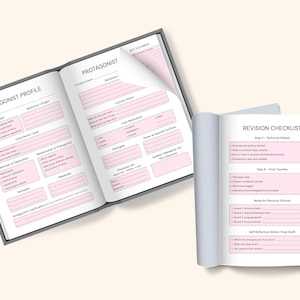 May include: Two open notebooks with pink and white pages. One notebook is labeled "Antagonist Profile" and "Protagonist." The other is a "Revision Checklist." The notebooks have a gray cover.