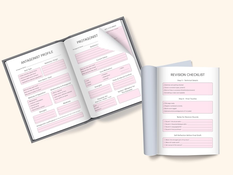 May include: Two open notebooks with pink and white pages. One notebook is labeled "Antagonist Profile" and "Protagonist." The other is a "Revision Checklist." The notebooks have a gray cover.