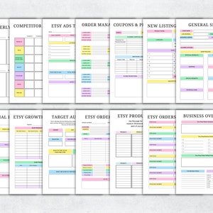 May include: A printable Etsy shop planner with colorful sections for quarterly competitor analysis, Etsy ads, order management, coupons and promotions, new listings, general setup, seasonal planning, Etsy growth, target audience, Etsy orders, Etsy product research, business overview, and more.