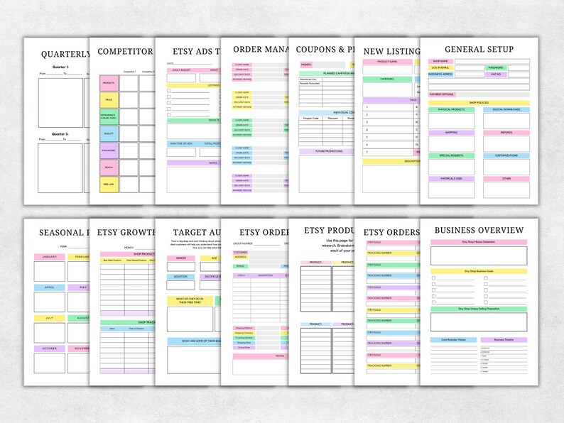 May include: A printable Etsy shop planner with colorful sections for quarterly competitor analysis, Etsy ads, order management, coupons and promotions, new listings, general setup, seasonal planning, Etsy growth, target audience, Etsy orders, Etsy product research, business overview, and more.