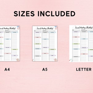 May include: Three printable travel packing checklists in different sizes: A4, A5, and Letter. Each checklist has a colorful design with a floral pattern and a suitcase icon. The checklists include sections for essentials, clothing, toiletries, and more.