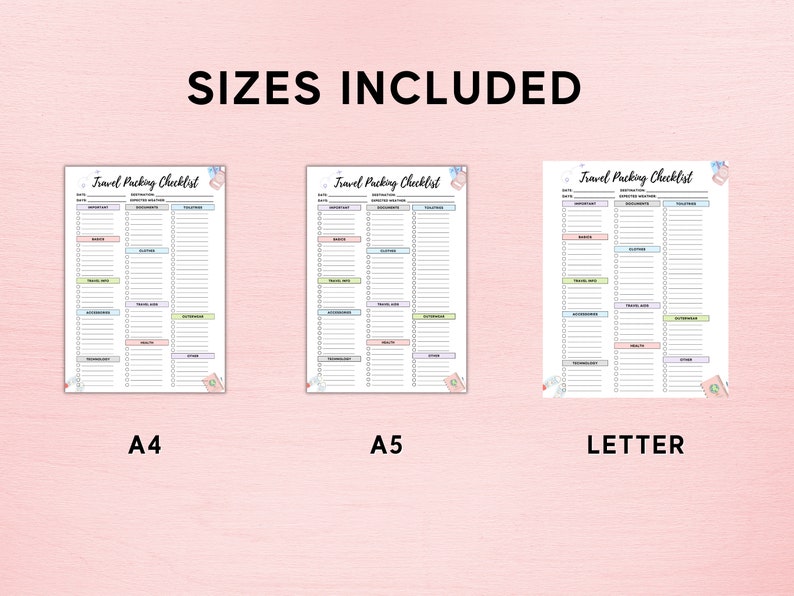 May include: Three printable travel packing checklists in different sizes: A4, A5, and Letter. Each checklist has a colorful design with a floral pattern and a suitcase icon. The checklists include sections for essentials, clothing, toiletries, and more.