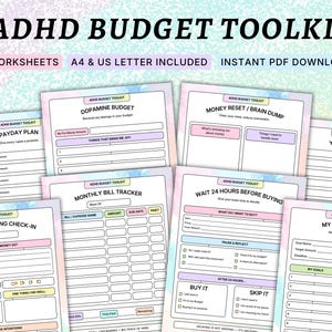 May include: A set of printable worksheets, the "ADHD Budget Toolkit," with pastel backgrounds. The pages are designed for financial planning, with sections for tracking spending, setting goals, and managing finances. Text includes "Monthly Bill Tracker."