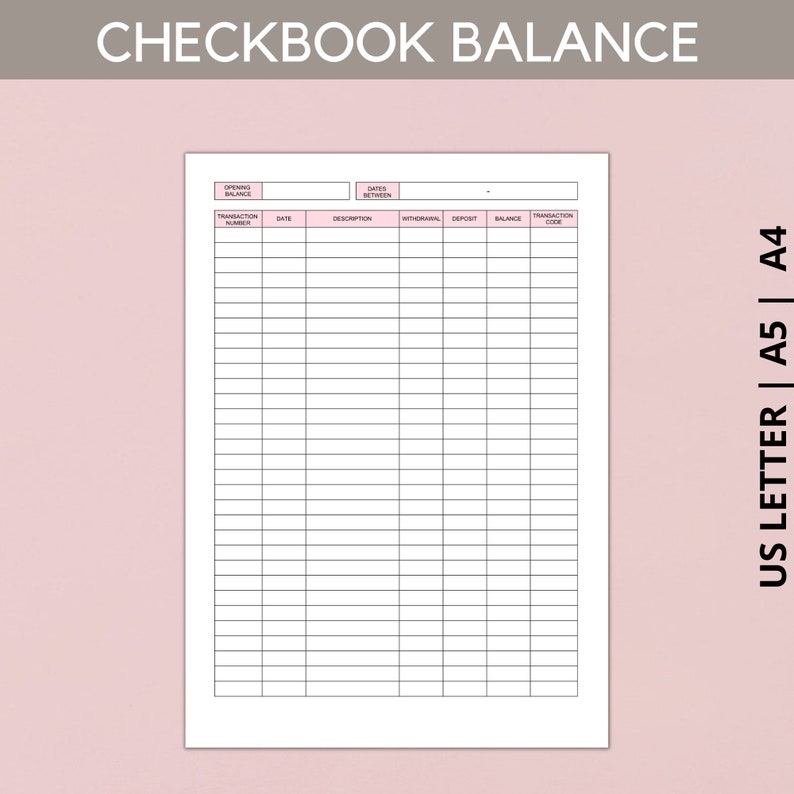 Checkbook Balance Log Printable Checkbook Register Check - Etsy