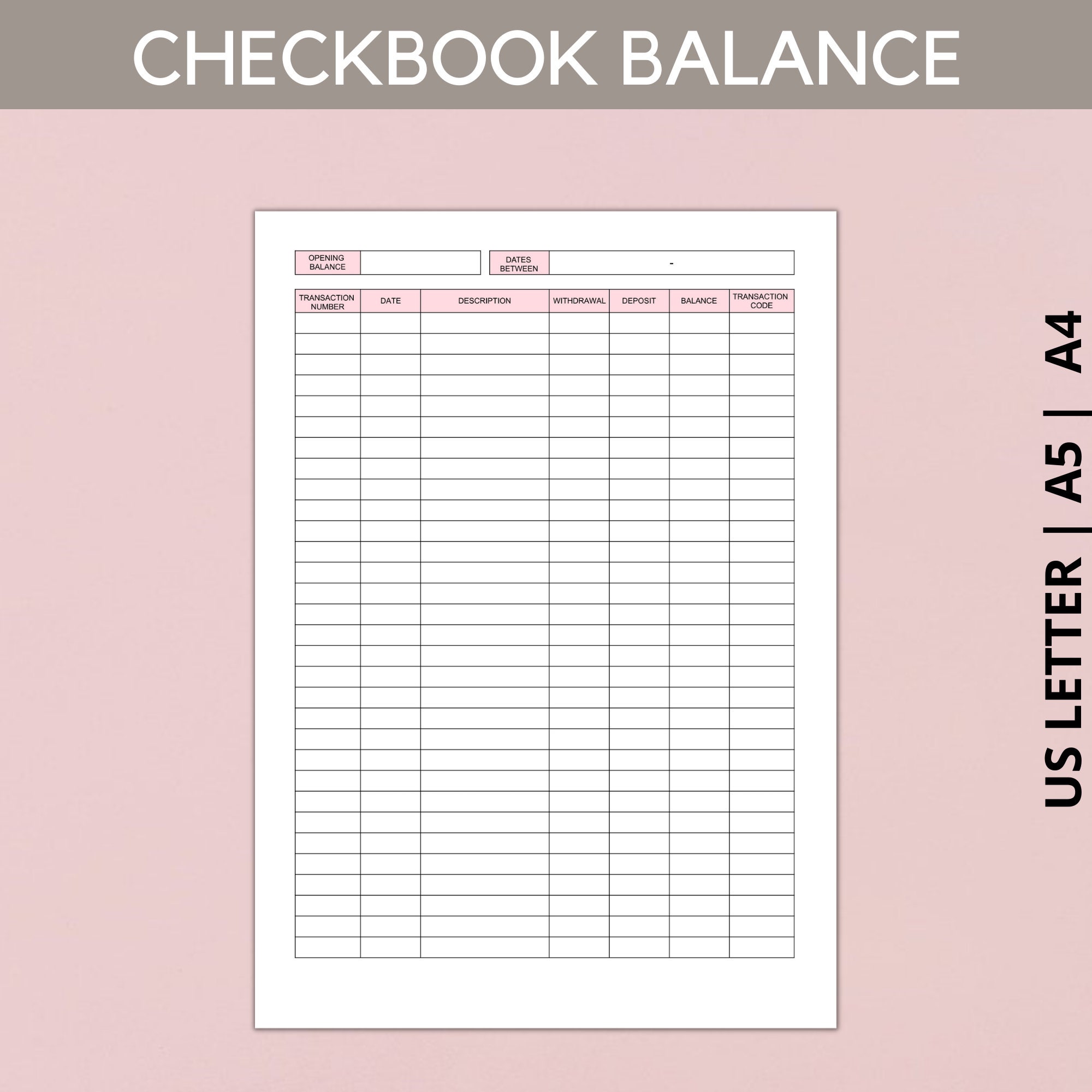Checkbook Balance Log Printable Checkbook Register Check Etsy