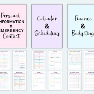 May include: Printable planner pages with pastel pink, purple, and blue backgrounds. The pages are divided into sections for personal information and emergency contact, calendar and scheduling, and finance and budgeting.