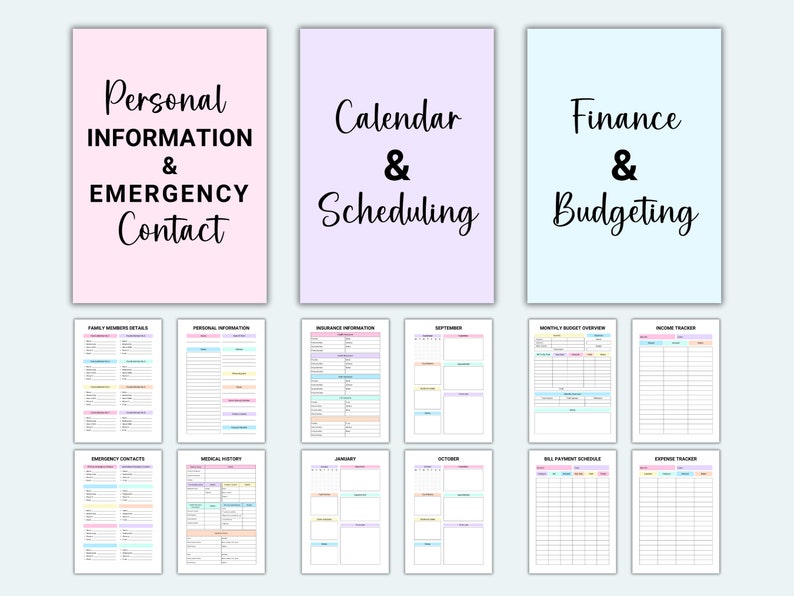 May include: Printable planner pages with pastel pink, purple, and blue backgrounds. The pages are divided into sections for personal information and emergency contact, calendar and scheduling, and finance and budgeting.