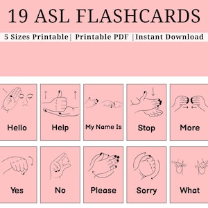 May include: A set of 19 ASL flashcards with illustrations of hand gestures for basic words like "Hello," "Help," and "More." The cards are pink with black text and illustrations. The text "19 ASL FLASHCARDS" is at the top.