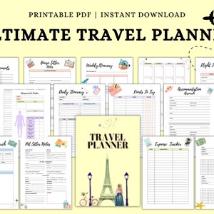 Modelo editável de planejador de viagens, planejador de itinerário de viagem, diário de viagem, planejador de férias Canva, planejador de férias, A4, carta, A5