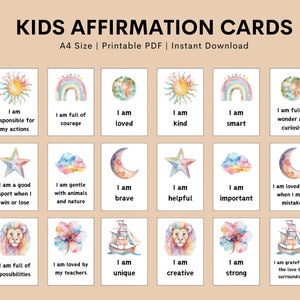 63 Tarjetas de afirmación para niños imprimibles, Tarjetas de afirmación digitales, Imprimibles de tablero de visión, Baraja de tarjetas de afirmación, Tarjetas de afirmación positiva