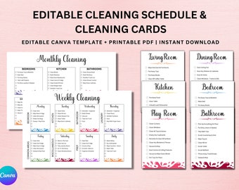 Editable Cleaning Cards and Cleaning Schedule, Weekly  Cleaning Schedule, Monthly Cleaning Planner, Editable Canva Template